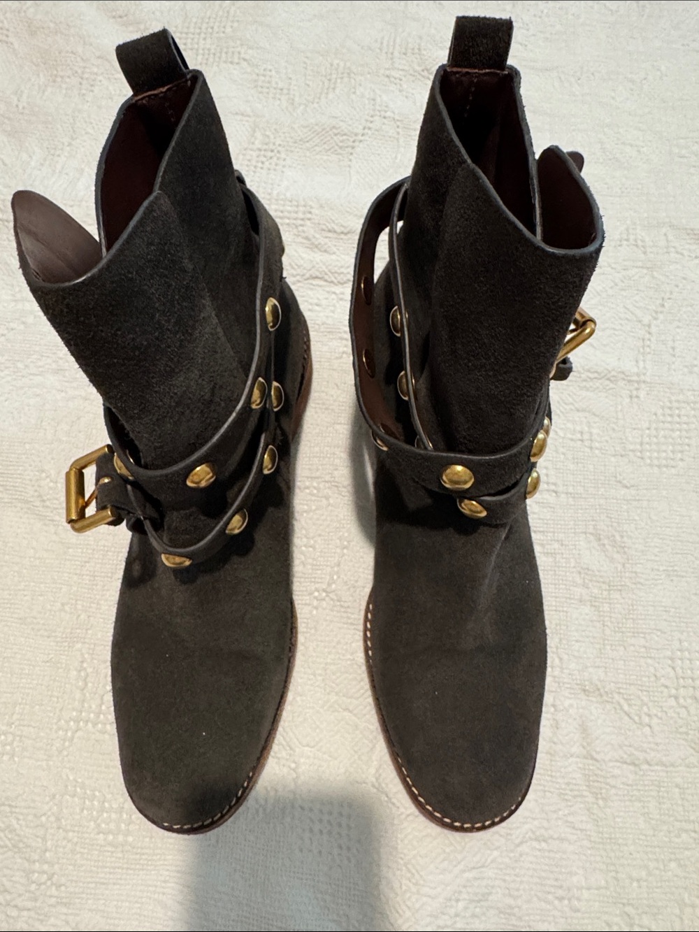 See By Chloé Dark Brown Suede Studded Harness Ankle Boots